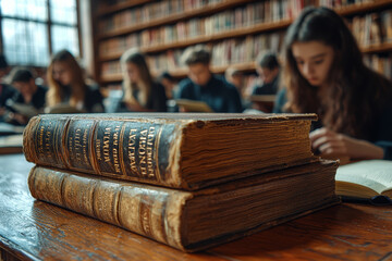Poster - A group of students studying together in a library, showing collaboration in education. Concept of education.