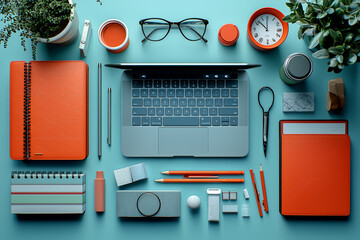 Poster - A flat lay of office supplies and a laptop, showing work-from-home essentials. Concept of business.