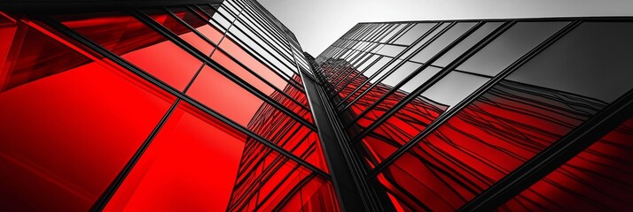 Modern skyscraper with red and black glass panels, reflecting the city skyline in an architectural masterpiece.