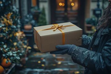 Poster - A delivery person handing a package to a customer at their doorstep, illustrating the convenience of e-commerce. Concept of logistics.