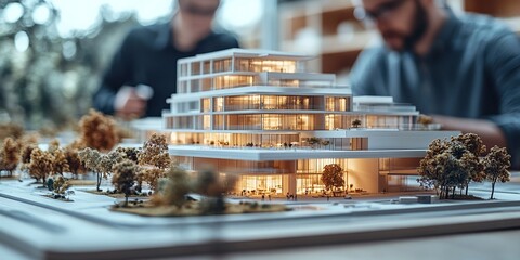 team of real estate developers architects and businessmen working in an office with a scale model on the table as they plan and design a new project for business buildings and urban development