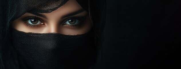 Eyes of oriental beauty, portrait of a woman with closed face. Woman covered with a black scarf, light scarf. Isolated on an empty black background, copy space.