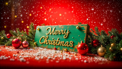 Merry Christmas poster with green wood print with empty space and festive decoration on red background.