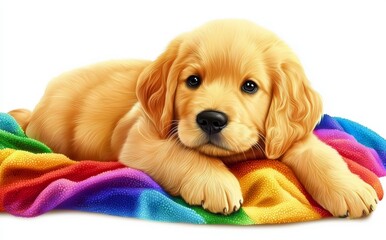 Nestled in a colorful blanket, a puppy exudes warmth and charm in a peaceful moment