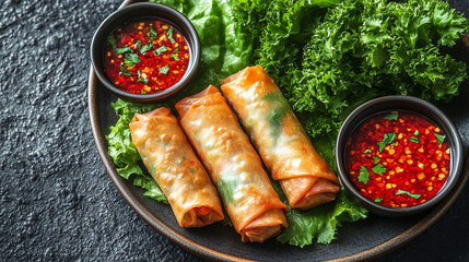 Crispy spring rolls elegantly plated on a bed of fresh lettuce, showcasing a vibrant presentation that symbolizes culinary creativity and the joy of sharing delicious food