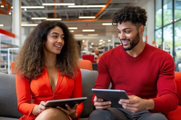 Smiling colleagues with digital tablets having discussion, modern office setting, vibrant colors, teamwork, communication concept