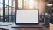 © Infinite Art Labs - Minimalist Desk Setup with Blank Laptop Screen and Office Supplies in Soft Natural Lighting