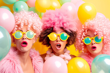 This lively group showcases their unique fashion sense with bold hairstyles and eclectic eyewear, surrounded by an explosion of colorful balloons, reflecting a joyful atmosphere