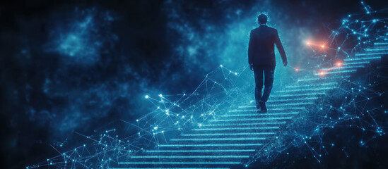 Businessman drawing a staircase with his hand on a dark blue background, a concept of business growth and success in sales or human resources Generative AI