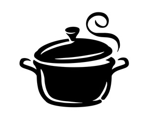 Pot with lid and steam symbol. Kitchen saucepan icon. Cooking, food sign vector illustration