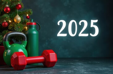 healthy lifestyle and sport, gym and fitness. New year 2025. sports equipment and christmas tree