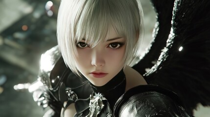 A beautiful woman with white hair and dark wings stares intensely at the camera.