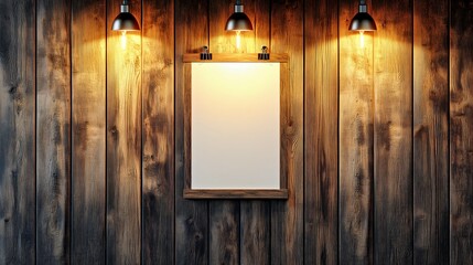 A framed poster mockup on a rustic wooden wall illuminated by soft warm light