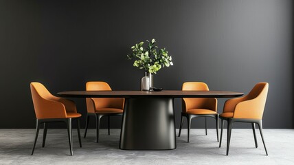 Modern dining table arrangement with stylish orange chairs and a floral centerpiece against a dark wall