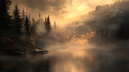 Poster - Serene Lake at Dawn with Misty Forest Surroundings