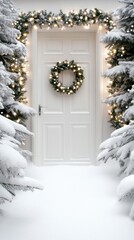 A charming front door adorned with a white wood wreath and garland welcomes visitors to a cozy home, beautifully set against a snowy landscape