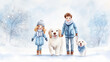 © de.fusum - Smiling children with two dogs in snowy winter park illustration