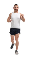 Wall Mural - Handsome young man running on white background