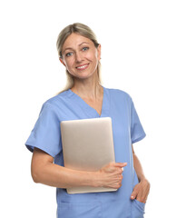 Canvas Print - Doctor in medical uniform with laptop isolated on white