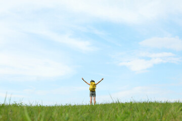 Canvas Print - Young hiker with backpack in field, back view. Space for text