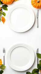 Canvas Print - A beautifully arranged autumn dinner table showcases a flat lay of pumpkins, lush greenery, and pristine white plates, perfect for festive gatherings and celebrations