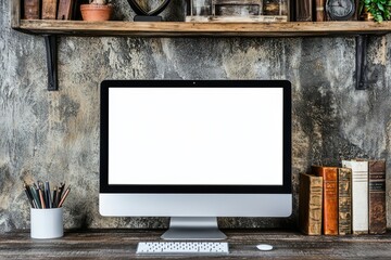 Desk, computer, lamp, and desktop computer in a cozy home office. 3D rendering.