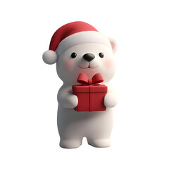 Wall Mural - Cartoon 3D Render Illustration: Christmas Character Polar Bear with Santa Claus Hat Holding a Gift Box, Isolated on Transparent Background, PNG