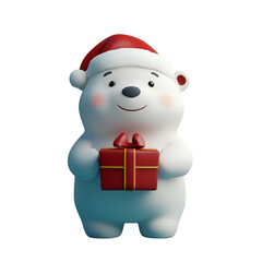 Wall Mural - 3D Render Illustration of a Christmas Character: Polar Bear Wearing Santa Claus Hat and Holding a Gift Box, Cartoon Style, Isolated on Transparent Background, PNG