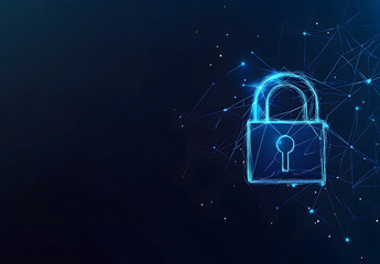 Creative digital polygonal closed padlock hologram on blue background design with mock-up place. Safety, protection, and security concept design. 3D Rendering design