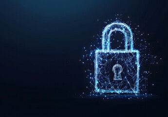 Poster - Creative digital polygonal closed padlock hologram on blue background design with mock-up place. Safety, protection, and security concept design. 3D Rendering design