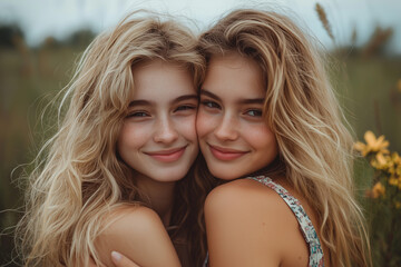 Two identical twin sisters with blonde hair smiling