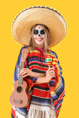 Sticker - Young woman with maracas and guitar on yellow background. Mexico's Day of the Dead (El Dia de Muertos) celebration