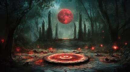 Sticker - Bloodstained ritual circle surrounded by decaying bodies and glowing symbols in a haunted forest under a full moon