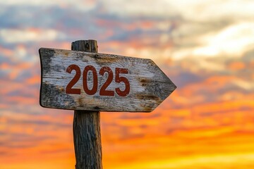 3D rendering of wooden 2025 year sign set against a beautiful sunset background. Future concept.