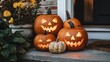 © Aliaksandr Siamko - Carved pumpkins with scary faces glowing on a front porch decorated for Halloween