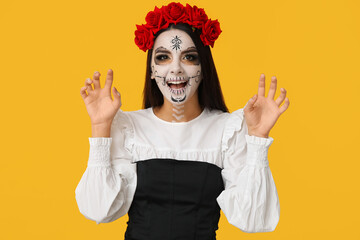 Canvas Print - Beautiful young woman dressed as dead bride for Halloween party on yellow background