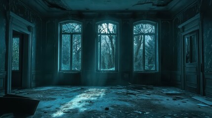 Sticker - Dark abandoned mansion with eerie glowing windows and shadows moving behind broken glass