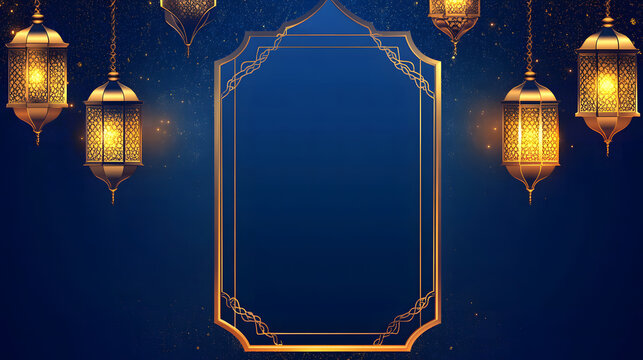 Eid Al-Fitr sticker design with a blue background design, golden decorations, and white space for text design
