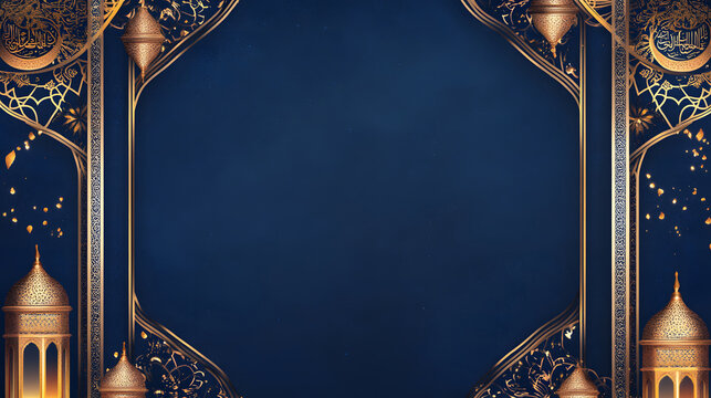 Eid Al-Fitr sticker design with a blue background design, golden decorations, and white space for text design