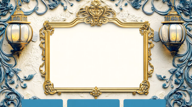 Eid Al-Fitr sticker design with a blue background design, golden decorations, and white space for text design