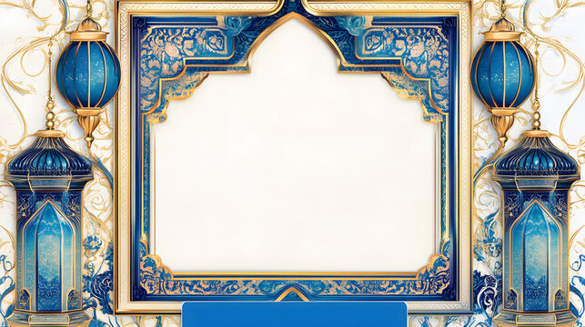 Eid Al-Fitr sticker design with a blue background design, golden decorations, and white space for text design