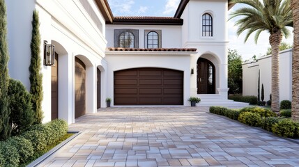  Mediterranean Villa Exterior: A stunning, contemporary Mediterranean style villa with a cobblestone driveway, lush landscaping, and a grand entrance.
