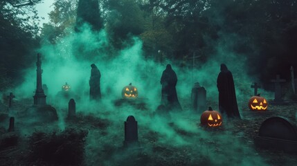 Wall Mural - Ghostly figures drifting through a foggy cemetery with glowing pumpkins and eerie green mist