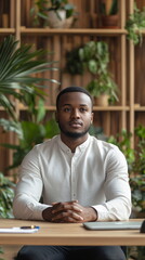 Young confident African American male entrepreneur in casual business attire, sitting at his desk in a contemporary office with plants and natural light. Tech, professional digital information work