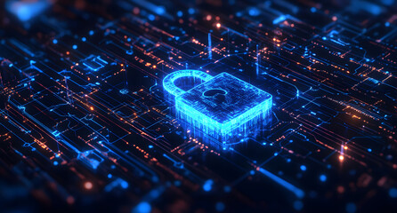 Poster - Digital security concept with blue light and a lock icon on a black background, vector illustration design for cyber protection technology design, or data security concept design
