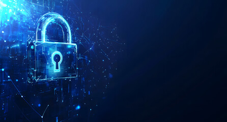Poster - Digital security concept with blue light and a lock icon on a black background, vector illustration design for cyber protection technology design, or data security concept design