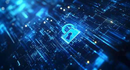 Poster - Digital security concept with blue light and a lock icon on a black background, vector illustration design for cyber protection technology design, or data security concept design