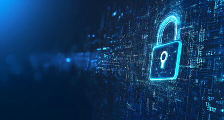 Poster - Digital security concept with blue light and a lock icon on a black background, vector illustration design for cyber protection technology design, or data security concept design
