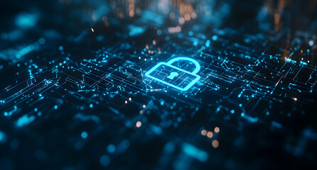 Poster - Digital security concept with blue light and a lock icon on a black background, vector illustration design for cyber protection technology design, or data security concept design