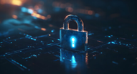 Poster - Digital security concept with blue light and a lock icon on a black background, vector illustration design for cyber protection technology design, or data security concept design